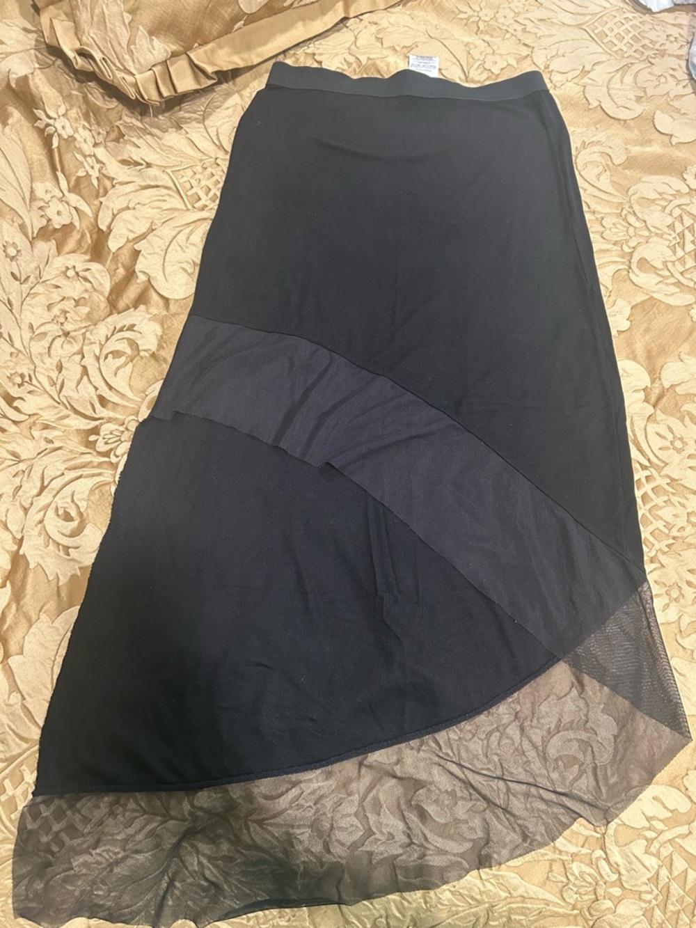BCBGMaxAzria Black Asymmetric Mesh-Trim High-Low Skirt